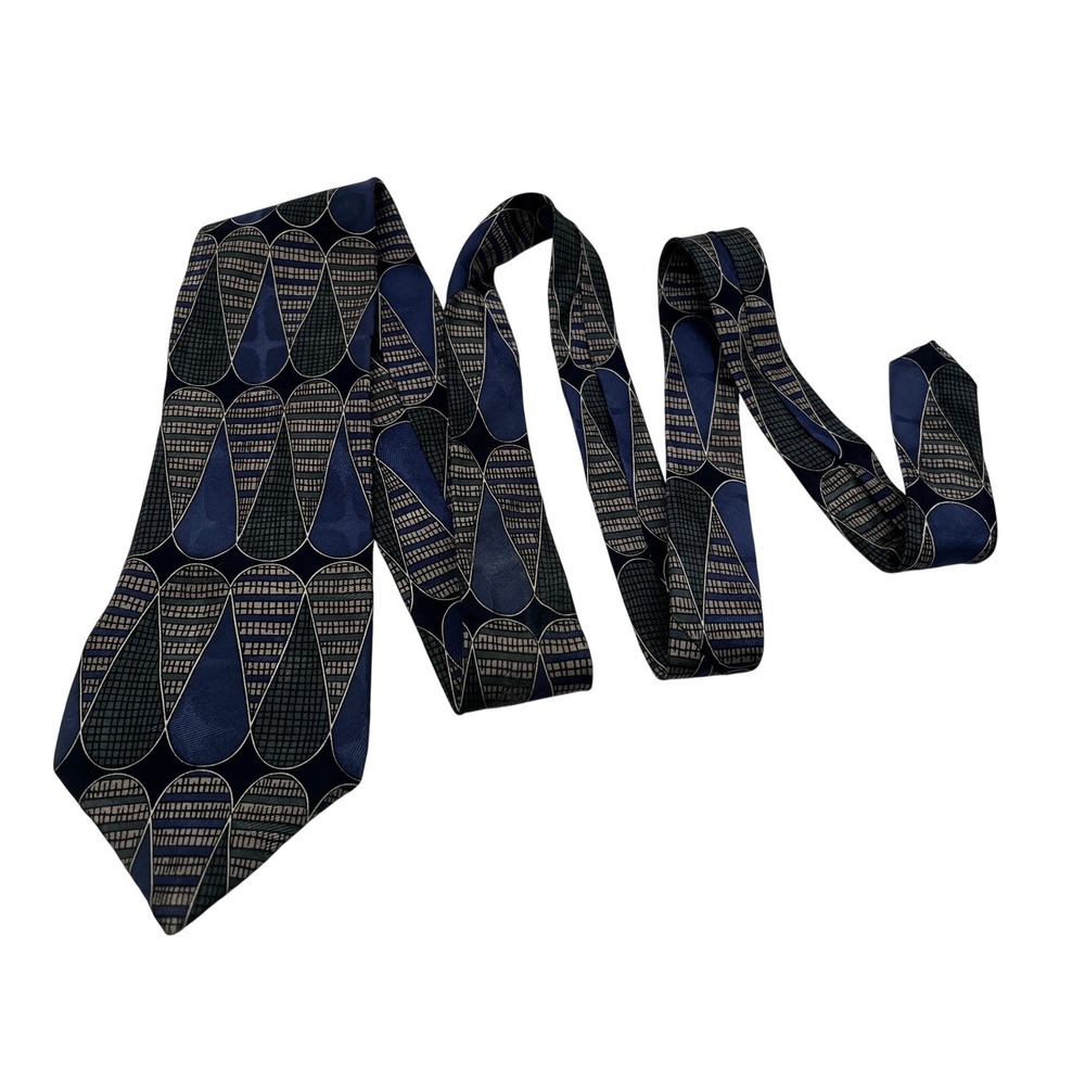 Robert Stock Mens Extra Long Silk Tie Blue Grey Geometric Abstract Made in USA